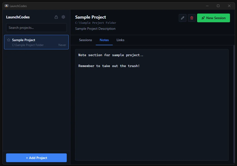 LaunchCodes — Per-project notes scratchpad