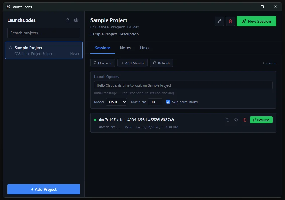 LaunchCodes Dashboard — project management, session tracking, and launch options