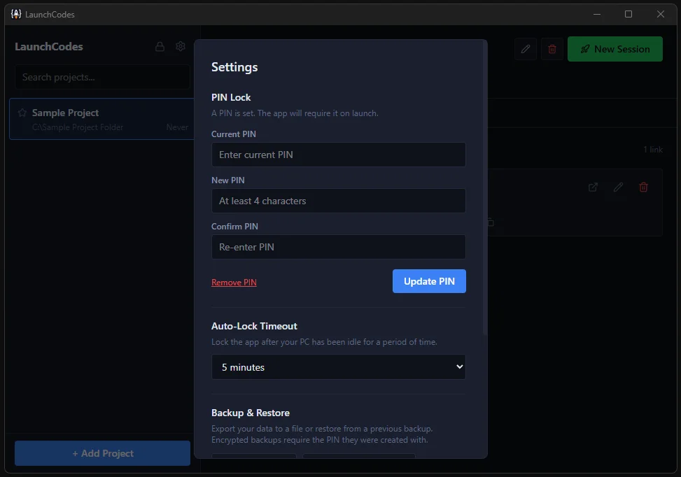 LaunchCodes — Settings with PIN, auto-lock, and backup options