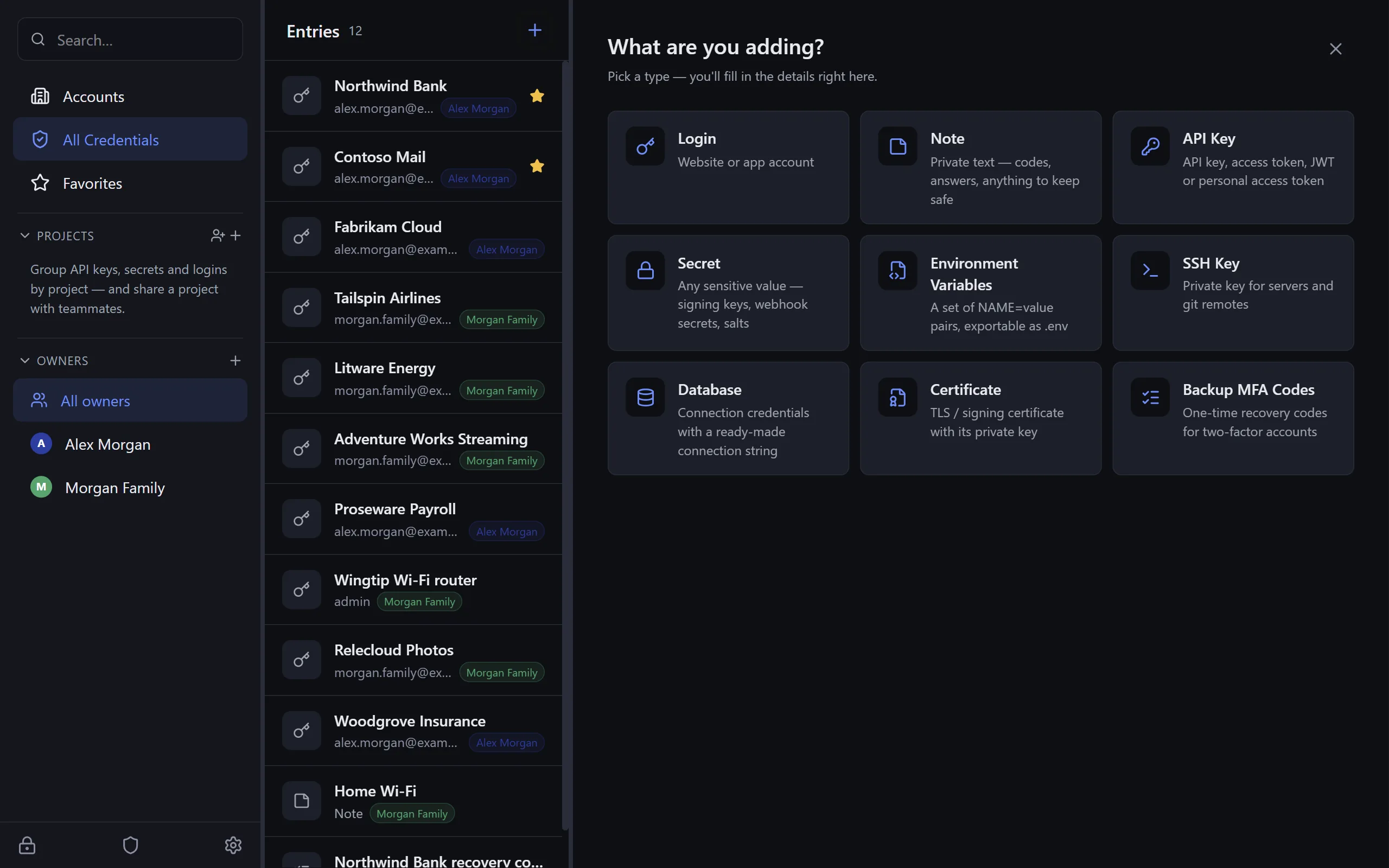 KeysWalletWatch add entry — login, note, backup codes and developer secret types