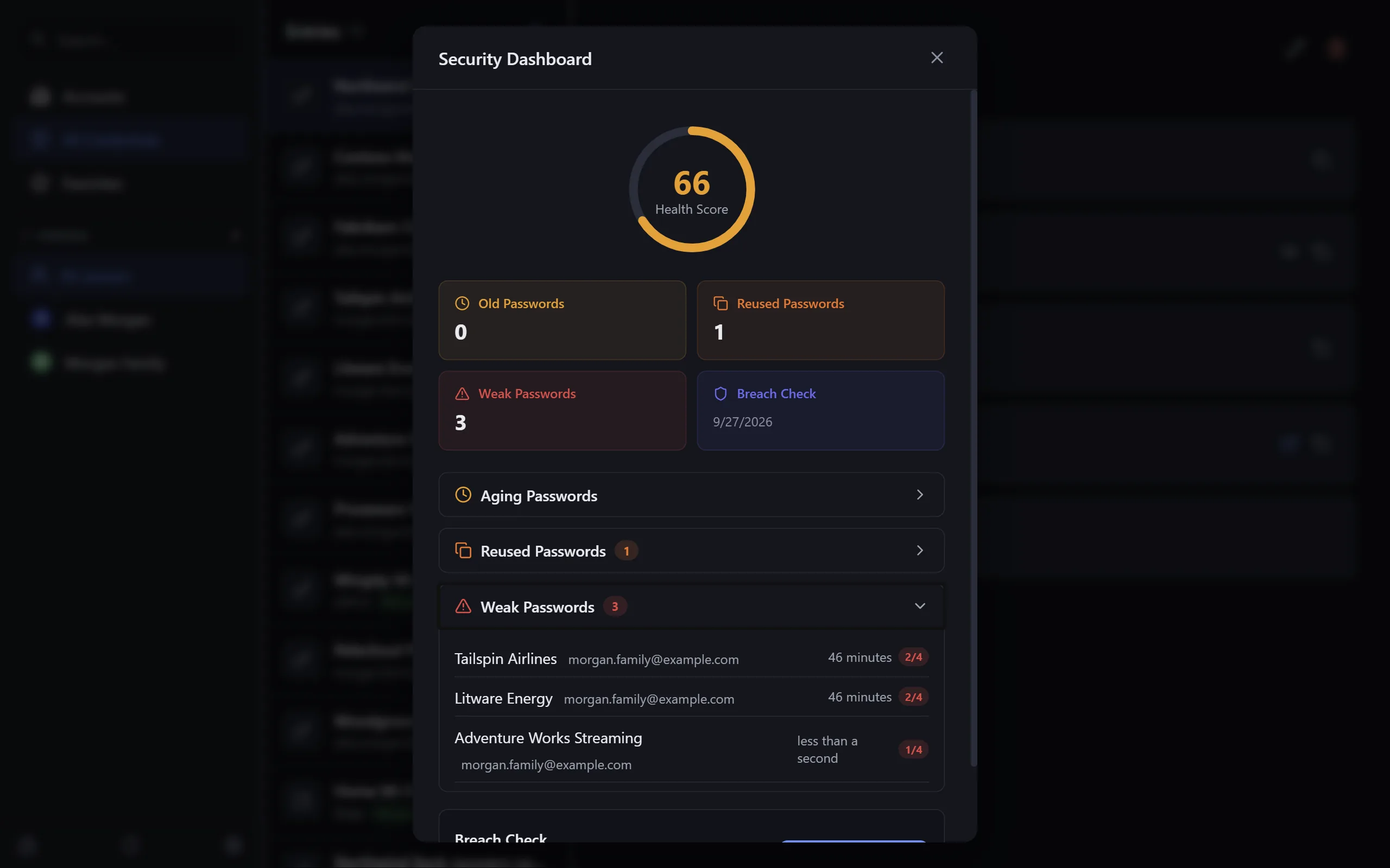 KeysWalletWatch security dashboard — health score, weak and reused passwords, breach check