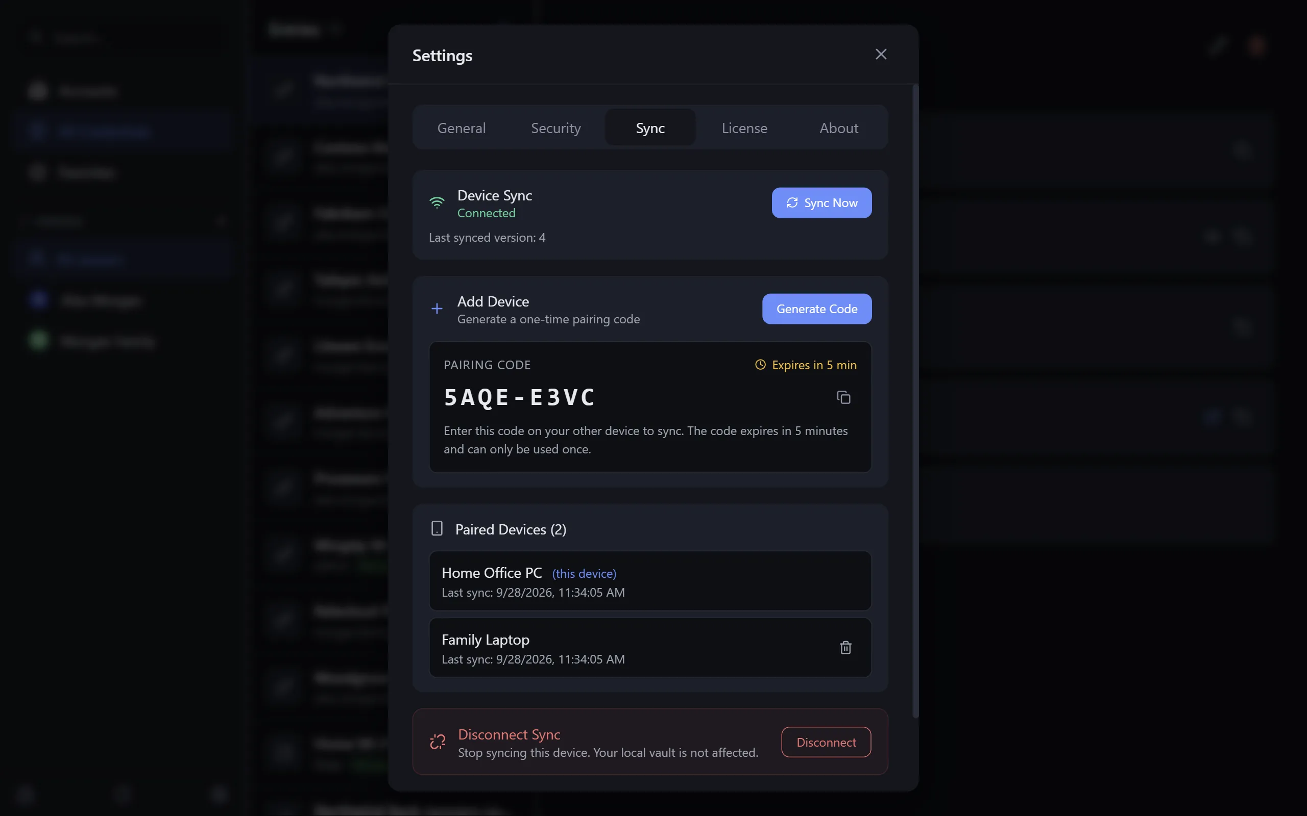 KeysWalletWatch sync settings — connected, a pairing code and two paired PCs