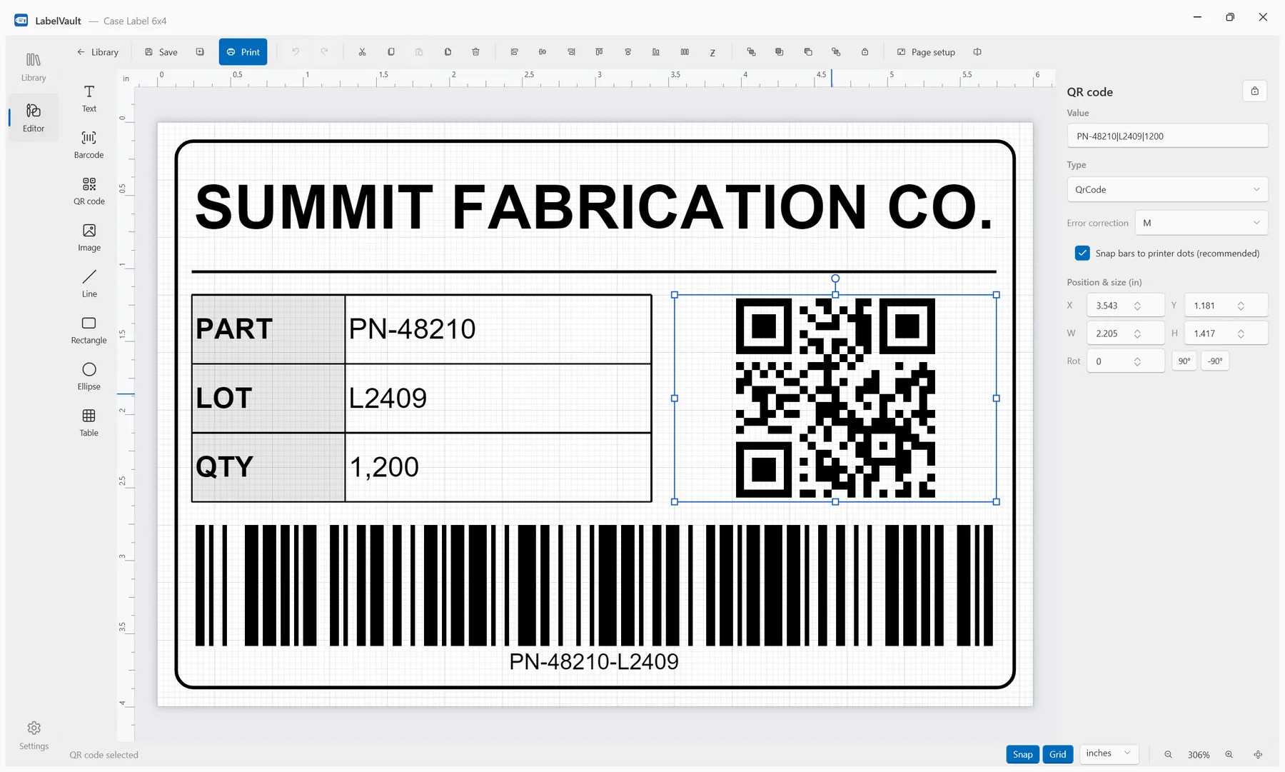 LabelVault editor — a 6×4 case label with a table, QR code, and Code 128 barcode