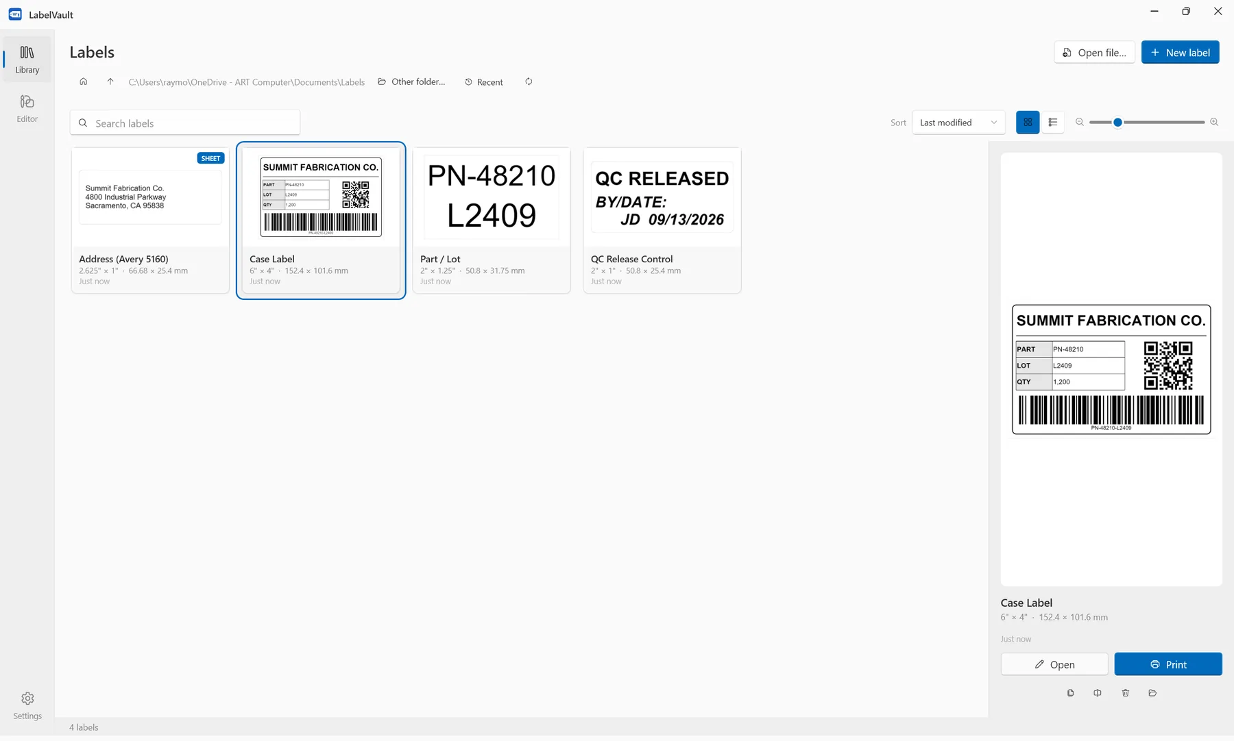 LabelVault library — thumbnail grid with size slider and preview pane