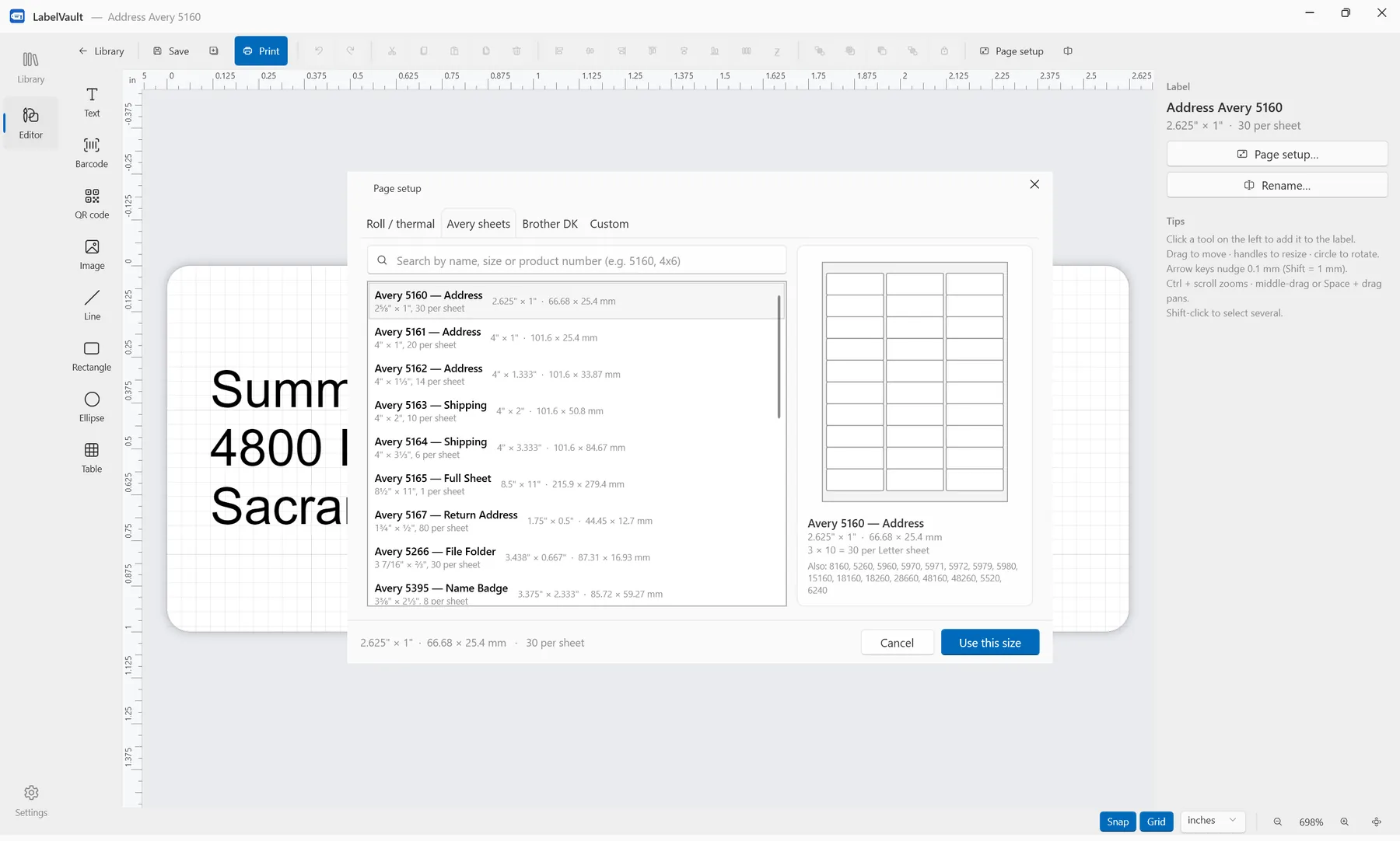 LabelVault page setup — Avery sheet catalog with layout preview