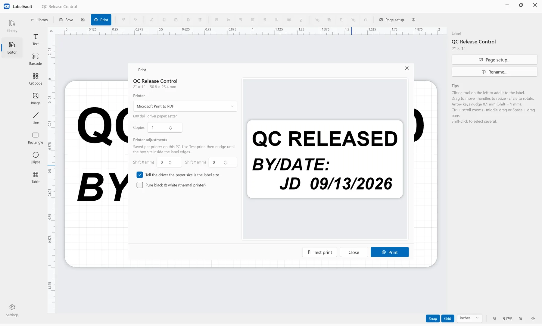 LabelVault print dialog — printer, copies, alignment adjustments and live preview
