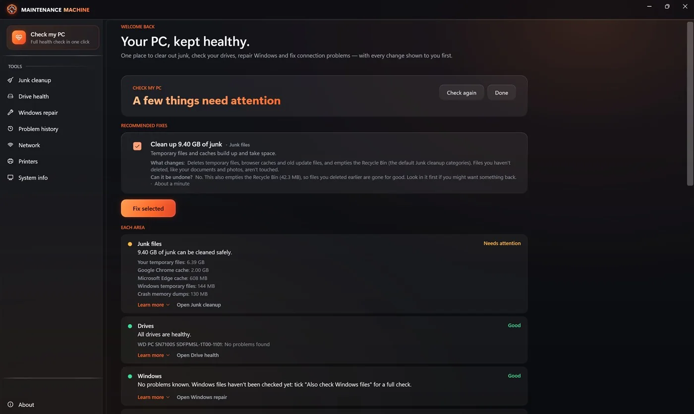 Check my PC results — recommended fixes with what changes and whether it can be undone, and a status for each area