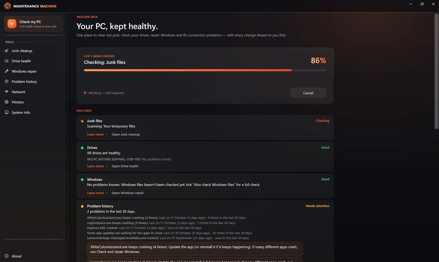 Check my PC running — progress through junk files, drives, Windows, network and printers