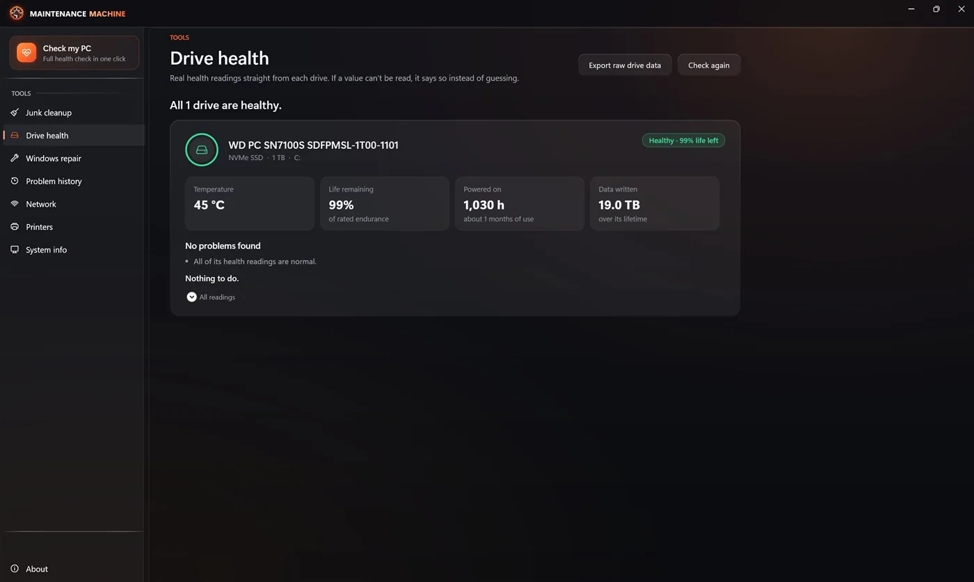 Drive health — temperature, life left, hours and errors read from the drive, with a plain verdict