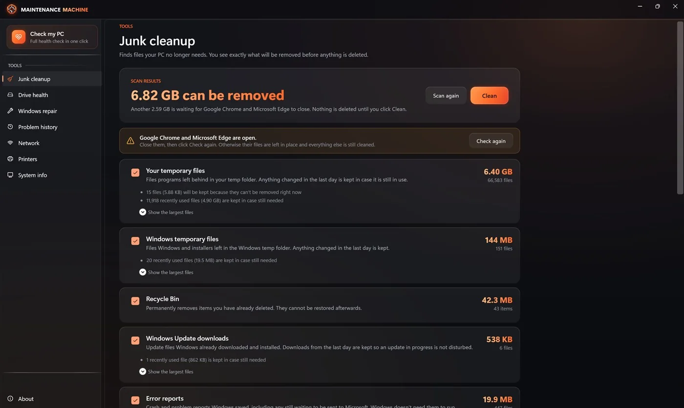 Junk cleanup result — what was cleared and how much space came back