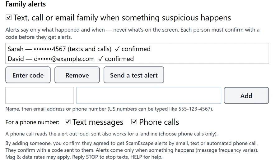 ScamEscape Family settings: the Family alerts section, with the Text messages and Phone calls choices and the consent wording beside the Add button