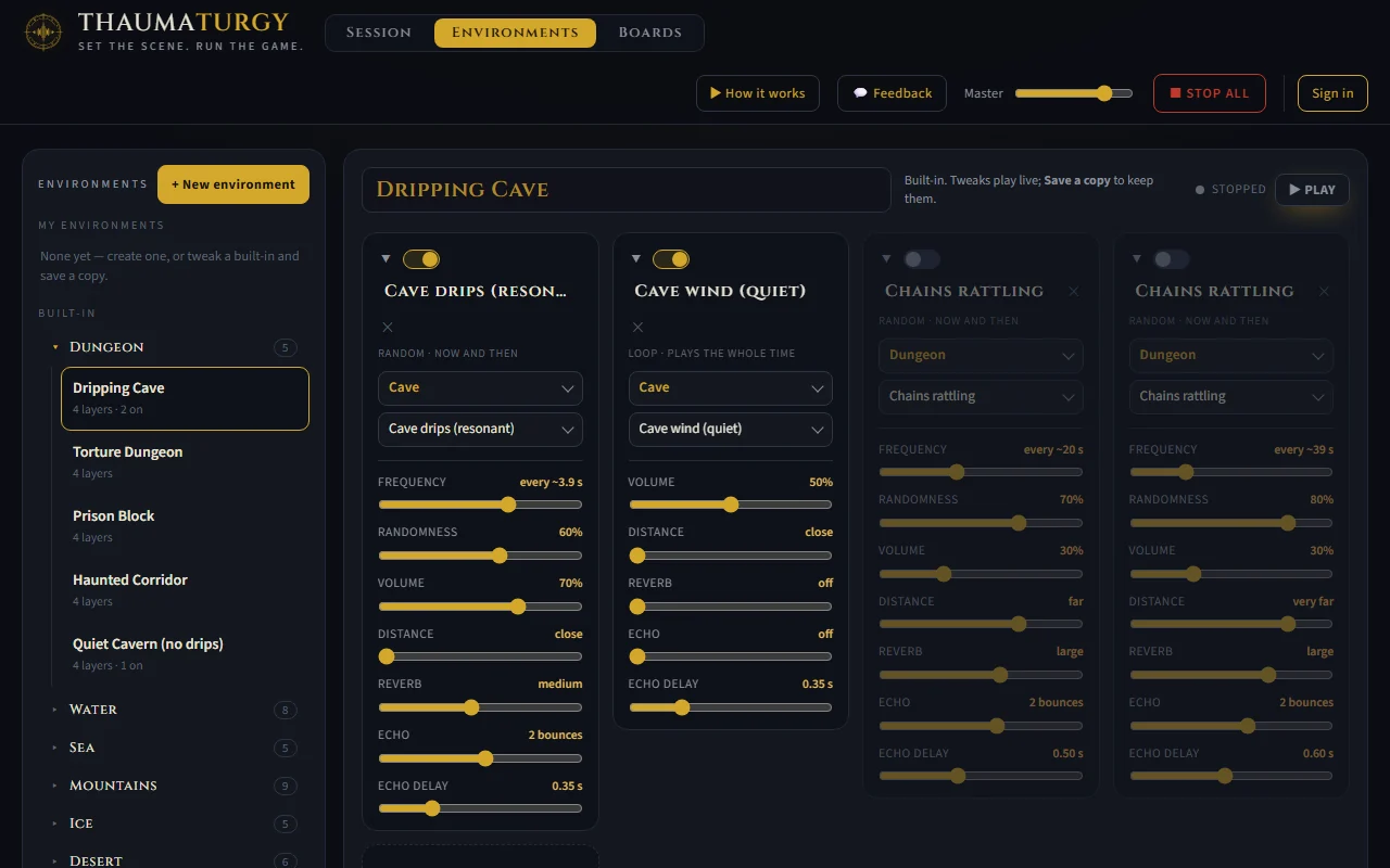 The environment editor: layers with dials for frequency, randomness, volume, distance, reverb and echo