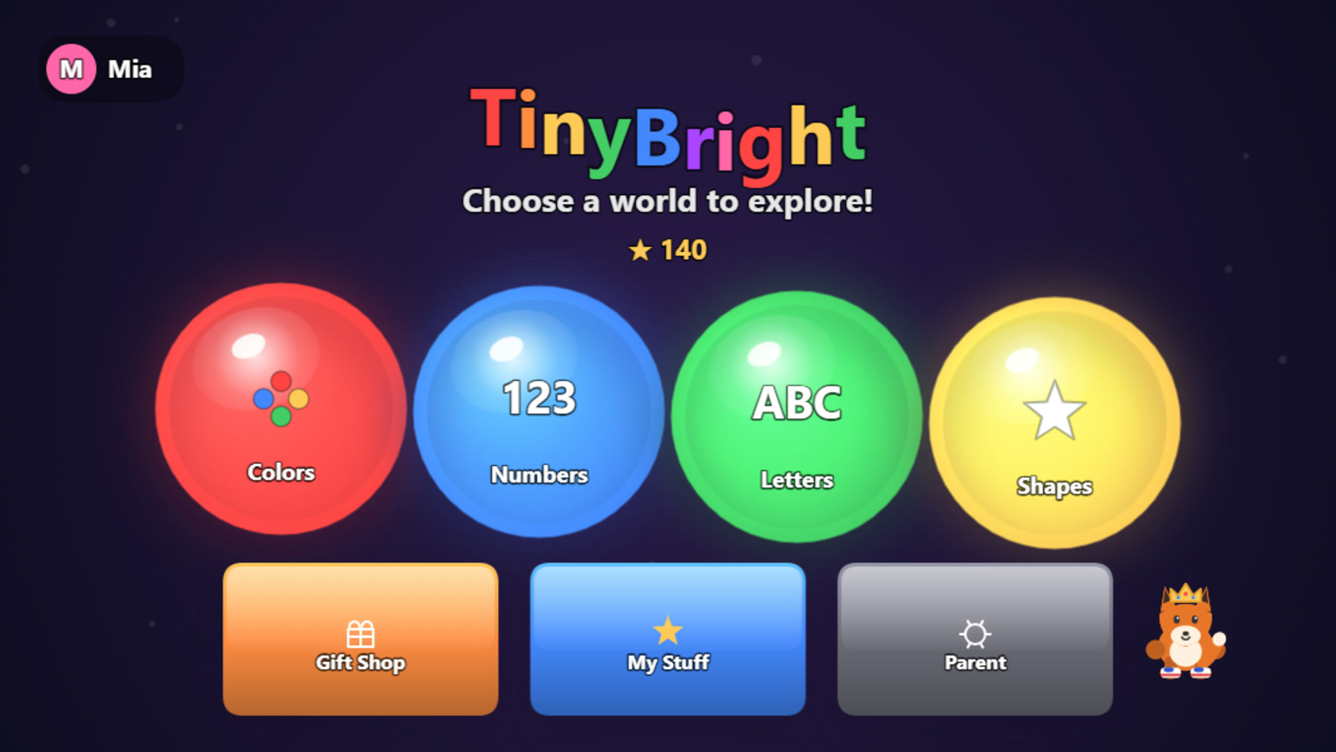 TinyBright home screen with the four worlds